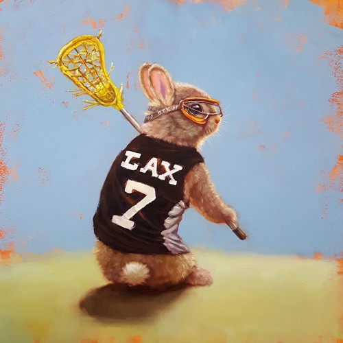 Lucia Heffernan, Lax Bunny (Hase, sportlich, Nummer 7, Jai Alai, Anthropomorphismus,  Grafik, Wunschgröße, witzig, lustig, komisch, Wohnzimmer, Treppenhaus, bunt,Comic)