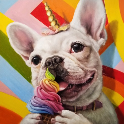 Lucia Heffernan, Rainbow Party (Hund, Bulldogge, Softeis, Regenbogenfarben, Einhorn,  Grafik, Wunschgröße, witzig, lustig, komisch, Wohnzimmer, Treppenhaus, bunt,Comic)