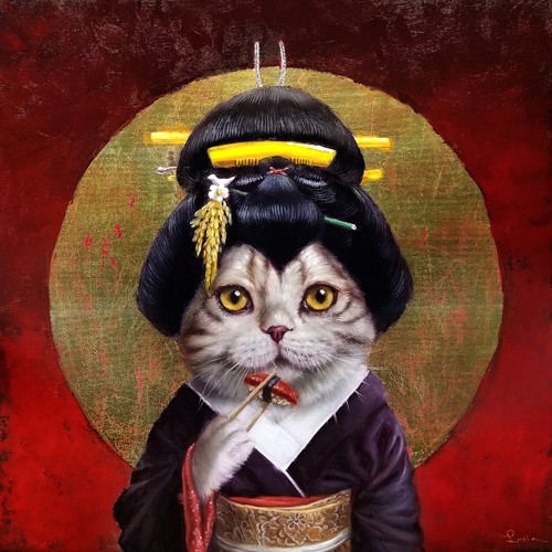Lucia Heffernan, Kyoto Kitty (Geisha, Katze, Japan, asiatisch, Anthropomorphismus,  Grafik, Wunschgröße, witzig, lustig, komisch, Wohnzimmer, Treppenhaus, bunt,Comic)