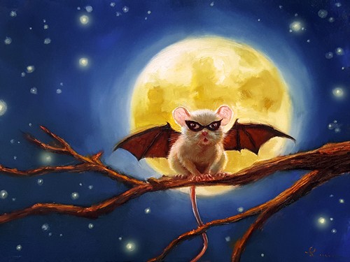 Lucia Heffernan, Fledermaus (Vollmond, Batman, Fledermaus, Anthropomorphismus, Grafik, Wunschgröße, witzig, lustig, komisch, Wohnzimmer, Treppenhaus, bunt,Comic)