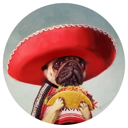 Lucia Heffernan, Mi Taco Mi Amigo (Mexikaner, Hut, Sombrero, Hund, Spaß, Grafik, naturalitisch, Antropomorphismus, Wunschgröße, witzig, lustig, komisch, Wohnzimmer, Treppenhaus, Gastronomie, bunt,Comic)
