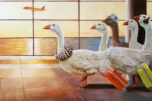 Lucia Heffernan, First Class Migration (Gänse, Touristen, Flughafen, Spaß, Grafik, naturalitisch, Antropomorphismus, Wunschgröße, witzig, lustig, komisch, Wohnzimmer, Treppenhaus, bunt,Comic)