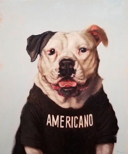Lucia Heffernan, Americano (Pitbull, Terrier, Hund, Amerikaner, Spaß, Grafik, naturalitisch, Antropomorphismus, Wunschgröße, witzig, lustig, komisch, Wohnzimmer, Treppenhaus,  bunt,Comic)