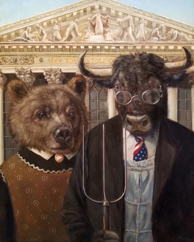 Lucia Heffernan, Wallstreet Gothic 2 (Bär, Bulle, Mistgabel, Tiere, Börse, Spaß, Grafik, naturalitisch, Antropomorphismus, Wunschgröße, witzig, lustig, komisch, Wohnzimmer, Treppenhaus, Bank, bunt,Comic)