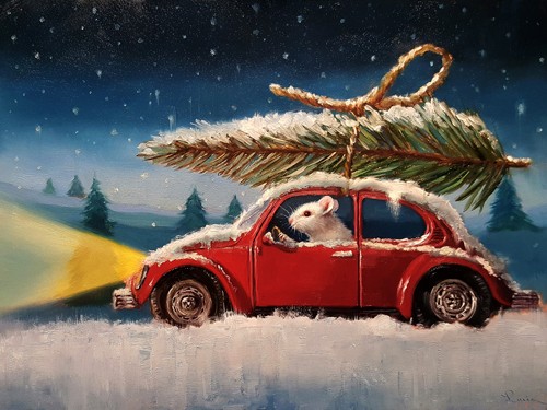 Lucia Heffernan, Tis the Season (Winter, Schnee, Landschaft, VW-Käfer, Maus, Tannenbaum, Spaß, Grafik, Antropomorphismus, Wunschgröße, witzig, lustig, komisch, Wohnzimmer, Treppenhaus, Gastronomie, bunt)