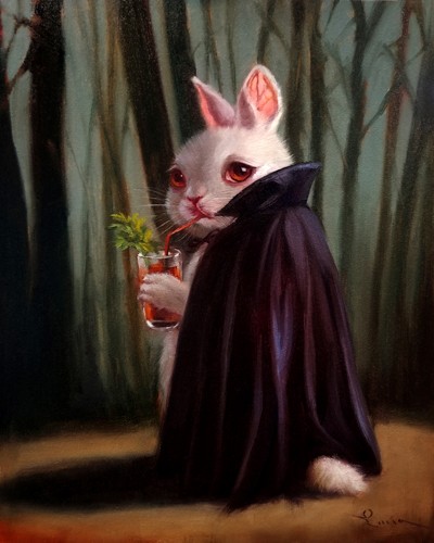 Lucia Heffernan, Bewitching Hour (Häschen, kaninchen,Zauberei, Zauberer, Coktail, Wald, Spaß, Grafik, naturalitisch, Antropomorphismus, Wunschgröße, witzig, lustig, komisch, Wohnzimmer, Treppenhaus, Gastronomie, bunt)