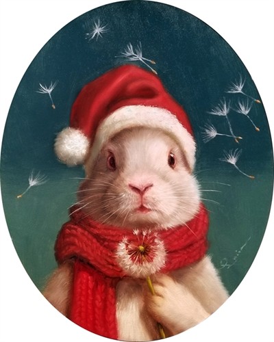 Lucia Heffernan, Winter Wish (Hase, Kaninchen, Weihnachten, Pusteblume, Wünsche, Spaß, Grafik, naturalitisch, Antropomorphismus, Wunschgröße, witzig, lustig, komisch, Wohnzimmer, Treppenhaus,  bunt)