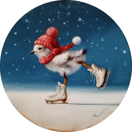 Lucia Heffernan, Chickie Yamaguchi (Winter, Schlittschuh, Sport, Eis, Vogel, Spaß, Grafik, naturalitisch, Antropomorphismus, Wunschgröße, witzig, lustig, komisch, Wohnzimmer, Treppenhaus, Kinderzimmer, bunt)