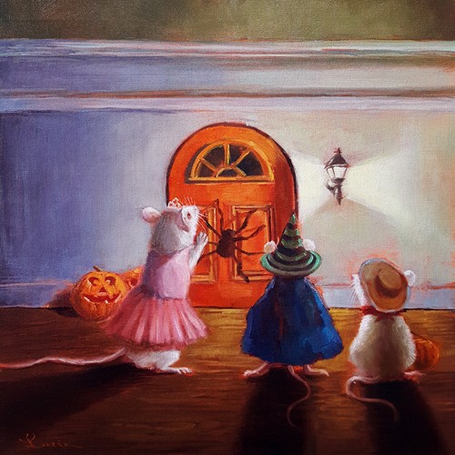 Lucia Heffernan, After Hour Trick or Treat (Mäuse, Halloween, Kürbis, Kostüme, Spinne, Spaß, Grafik,  Antropomorphismus, Wunschgröße, witzig, lustig, komisch, Wohnzimmer, Treppenhaus, bunt)