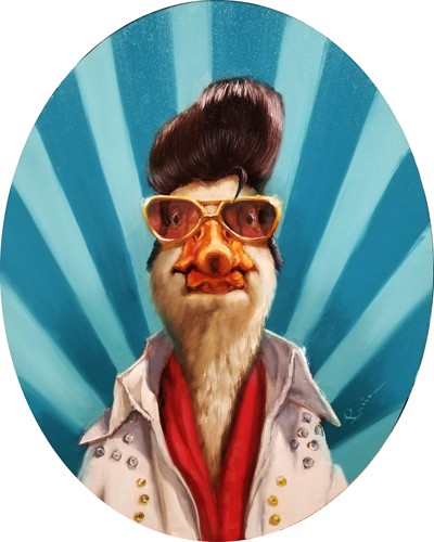 Lucia Heffernan, The King (Elvis Presley, Ganz, Ganterich, Musiker, Sänger, Spaß, Grafik,  Antropomorphismus, Wunschgröße, witzig, lustig, komisch, Wohnzimmer, Treppenhaus, bunt)