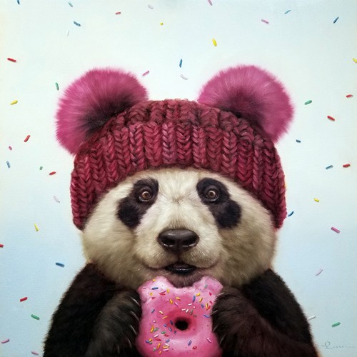 Lucia Heffernan, First Bite (Panda, Bär, Wollmütze, Donut, Gebäck, Spaß, Grafik,  Antropomorphismus, Wunschgröße, witzig, lustig, komisch, Wohnzimmer, Treppenhaus, Esszimmer, bunt)