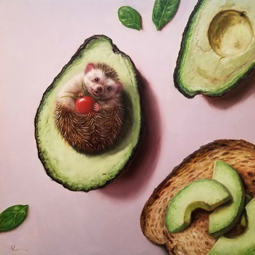 Lucia Heffernan, Avocado Toast (Avocado, Kern, Frucht, Igel, Toast, Spaß, Grafik,  Antropomorphismus, Wunschgröße, witzig, lustig, komisch, Wohnzimmer, Treppenhaus, Gastronomie, Küche, bunt)