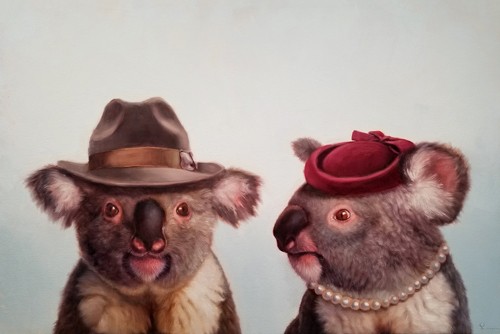 Lucia Heffernan, Mates (Koala, Bären, Paar, Spaß, Grafik, Antropomorphismus, Wunschgröße, witzig, lustig, komisch, Wohnzimmer, Treppenhaus,  bunt)