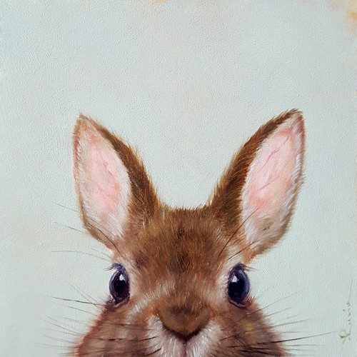 Lucia Heffernan, Peak a Boo (Hase, Tierportait, Spaß, Grafik, Naturalistisch, Wunschgröße, witzig, lustig, komisch, Wohnzimmer, Treppenhaus,  bunt)