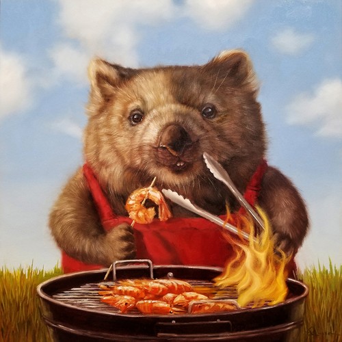 Lucia Heffernan, Shrimp on the Barbie (Wombat, Australien, Tier, Grill, Grillmeister, Spaß, Grafik,  Antropomorphismus, Wunschgröße, witzig, lustig, komisch, Wohnzimmer, Treppenhaus, Gastronomie,Küche,  bunt)