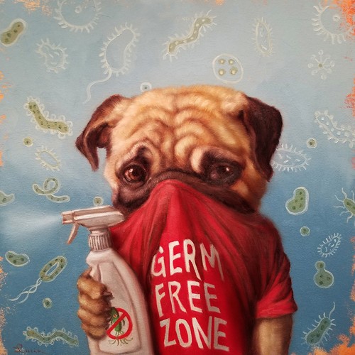 Lucia Heffernan, Germaphobic (Hund, T-Shirt, keimfrei, Sprühflasche, Desinfektion, Spaß, Grafik,  Antropomorphismus, Wunschgröße, witzig, lustig, komisch, Wohnzimmer, Treppenhaus, Labor, bunt)
