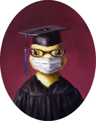 Lucia Heffernan, Class of 2020 (Talar, Doktorhut, Maske, Corona, Studienabschluss, Schutz, Spaß, Grafik,  Antropomorphismus, Wunschgröße, witzig, lustig, komisch, Wohnzimmer, Treppenhaus,  bunt)