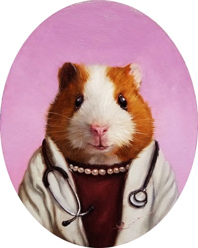 Lucia Heffernan, Dr. Care (Meerschweinchen, Ärztin, Spaß, Grafik,  Antropomorphismus, Wunschgröße, witzig, lustig, komisch, Wohnzimmer, Treppenhaus, Arztpraxis, bunt)