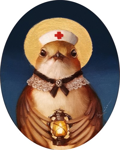 Lucia Heffernan, Florence Nightingale (Krankenschwester, Falke, wachsam, Nimbus, Spaß, Grafik,  Antropomorphismus, Wunschgröße, witzig, lustig, komisch, Wohnzimmer, Treppenhaus, bunt)