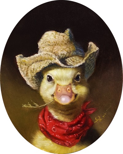 Lucia Heffernan, Lil Wrangler (Ente, Hut, Halstuch, Spaß, Grafik,  Antropomorphismus, Wunschgröße, witzig, lustig, komisch, Wohnzimmer, Treppenhaus,  bunt)