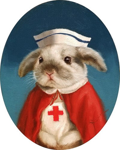 Lucia Heffernan, Night Shift (Krankenschwester, Nachtdienst, Kaninchen, Spaß, Grafik,  Antropomorphismus, Wunschgröße, witzig, lustig, komisch, Wohnzimmer, Treppenhaus,  bunt)