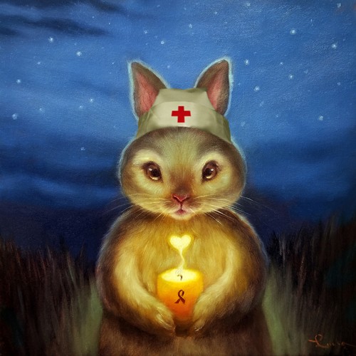 Lucia Heffernan, Hope (Krankenschwester, Nacht, Kerze, Hoffnung, Kaninchen, Spaß, Grafik,  Antropomorphismus, Wunschgröße, witzig, lustig, komisch, Wohnzimmer, Treppenhaus,  bunt)