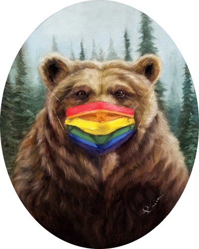Lucia Heffernan, Bear Bride (Bär, Maske, Regenbogenfarben,Cornoa, Schutz, Spaß, Grafik,  Antropomorphismus, Wunschgröße, witzig, lustig, komisch, Wohnzimmer, Treppenhaus,  bunt)