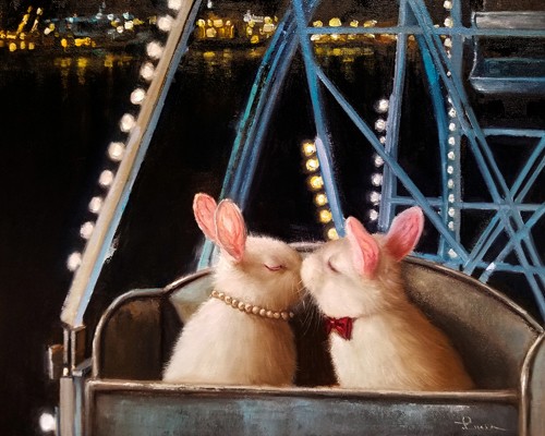 Lucia Heffernan, First Kiss (Liebe, erster Kuss, Riesenrad, romantisch, Kaninchen, Paar, Spaß, Grafik,  Antropomorphismus, Wunschgröße, witzig, lustig, komisch, Wohnzimmer, Treppenhaus,  bunt)