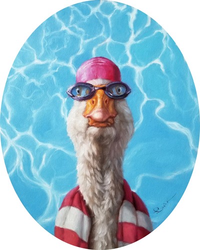 Lucia Heffernan, Old Timer (Gans, Ganterich, Opa, Schwimmer, Schwimmbad, Spaß, Grafik,  Antropomorphismus, Wunschgröße, witzig, lustig, komisch, Wohnzimmer, Treppenhaus,  bunt)