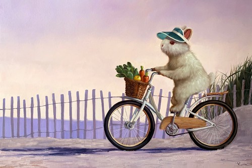 Lucia Heffernan, Beach Bunny (Kaninchen, Hase, Fahrrad, Strand, Meer, Spaß, Grafik,  Antropomorphismus, Wunschgröße, witzig, lustig, komisch, Wohnzimmer, Treppenhaus,  bunt)