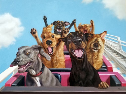 Lucia Heffernan, Thrill Seekers (Achterbahn, Hund, Kick, Abenteuer, Spaß, Grafik,  Antropomorphismus, Wunschgröße, witzig, lustig, komisch, Wohnzimmer, Treppenhaus,  bunt)
