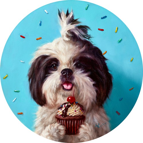 Lucia Heffernan, Birthday Girl (Hund, Hunddame, Geburtstag, Cupcake, Spaß, Grafik,  Antropomorphismus, Wunschgröße, witzig, lustig, komisch, Wohnzimmer, Esszimmer,  bunt)