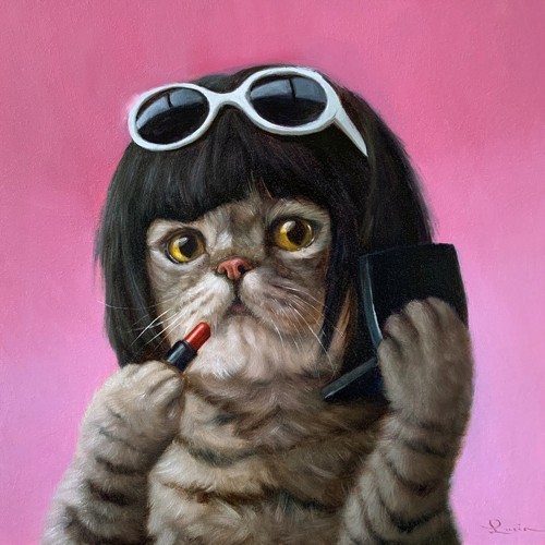 Lucia Heffernan, Bob Cat (Katze, Frisur, Bob, Sonnenbrille, Lippenstift, Spaß, Grafik,  Antropomorphismus, Wunschgröße, witzig, lustig, komisch, Wohnzimmer, Treppenhaus,  bunt)