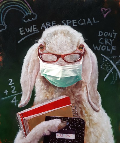 Lucia Heffernan, Back to School - Teacher (Schaf, Maske, Pandemie, Corona, Lehrerin, Schule, Spaß, Grafik,  Antropomorphismus, Wunschgröße, witzig, lustig, komisch, Wohnzimmer, Treppenhaus,  bunt)
