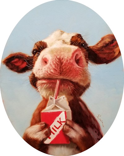 Lucia Heffernan, Quality Control (Kuh, Milchtüte, Kontrolle, Spaß, Grafik,  Antropomorphismus, Wunschgröße, witzig, lustig, komisch, Wohnzimmer, Treppenhaus,  bunt)