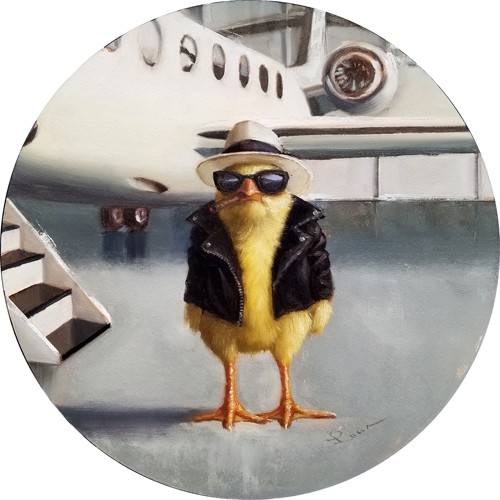 Lucia Heffernan, Vic (Küken, Sonnenbrille, Lederjacke, lässig, cool, Flugzeug, Spaß, Grafik,  Antropomorphismus, Wunschgröße, witzig, lustig, komisch, Wohnzimmer, Treppenhaus,  bunt)