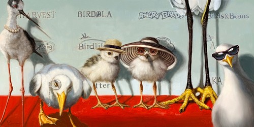 Lucia Heffernan, Hampton Chicks (Vögel, high society, Reiche, roter Teppich, Spaß, Grafik,  Antropomorphismus, Wunschgröße, witzig, lustig, komisch, Wohnzimmer, Treppenhaus,  bunt)