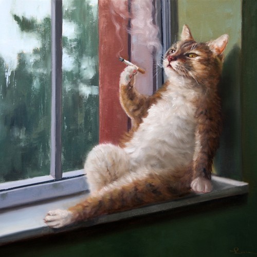 Lucia Heffernan, Rainy Day Blues (Katze, Zigarette, Rauchen, Genuss, Fenster, Regenwetter, Langeweile, Spaß, Grafik,  Antropomorphismus, Wunschgröße, witzig, lustig, komisch, Wohnzimmer, Treppenhaus,  bunt)