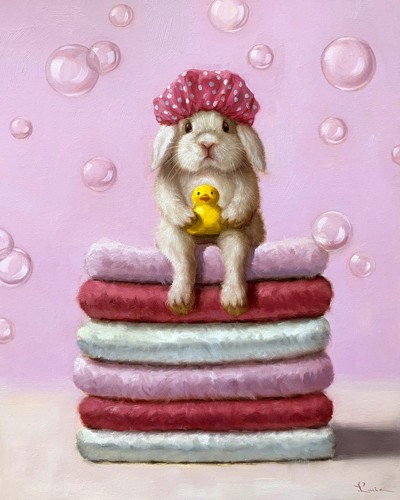 Lucia Heffernan, Bath Day (Kaninchen, Badetag, Quietsche-Entchen, Handtücher, Spaß, Grafik,  Antropomorphismus, Wunschgröße, witzig, lustig, komisch, Wohnzimmer, Badezimmer,  bunt)