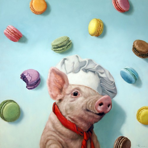 Lucia Heffernan, Bakers Dream (Schwein, Bäcker, Kochmütze, Macarons, Spaß, Grafik,  Antropomorphismus, Wunschgröße, witzig, lustig, komisch, Wohnzimmer, Treppenhaus,  bunt)