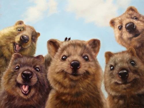 Lucia Heffernan, Selfie Down Under No. 2 (Wombats, Australien, Gruppenbild, Selfie, Spaß, Grafik,  Antropomorphismus, Wunschgröße, witzig, lustig, komisch, Wohnzimmer, Treppenhaus,  bunt,Comic)