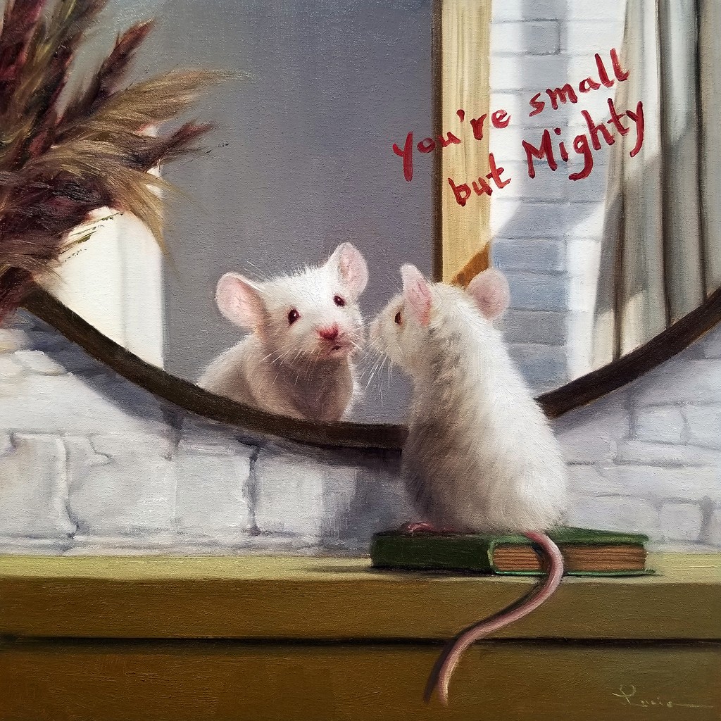 Lucia Heffernan, Mighte Mouse (Maus, Spiegel, Motivation, Selbstbewusstsein, Spaß, Grafik,  Wunschgröße, witzig, lustig, komisch, Wohnzimmer, Treppenhaus,  bunt,Comic)