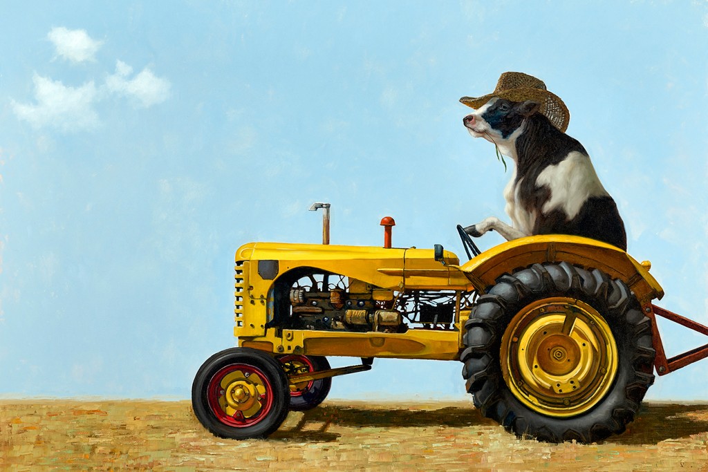 Lucia Heffernan, Uncommon Cowboy (Kuh, Cowboy, Traktor, Landwirt, Hut, Spaß, Grafik,  Antropomorphismus, Wunschgröße, witzig, lustig, komisch, Wohnzimmer, Treppenhaus, bunt,Comic)