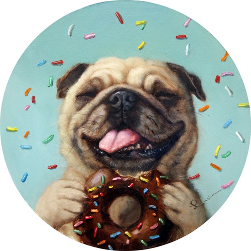 Lucia Heffernan, Pugalicious No. 2 (Hund, Puppie, Puggle, Donut, Freude, Spaß, Grafik,  Antropomorphismus, Wunschgröße, witzig, lustig, komisch, Wohnzimmer, Treppenhaus,  bunt,Comic)