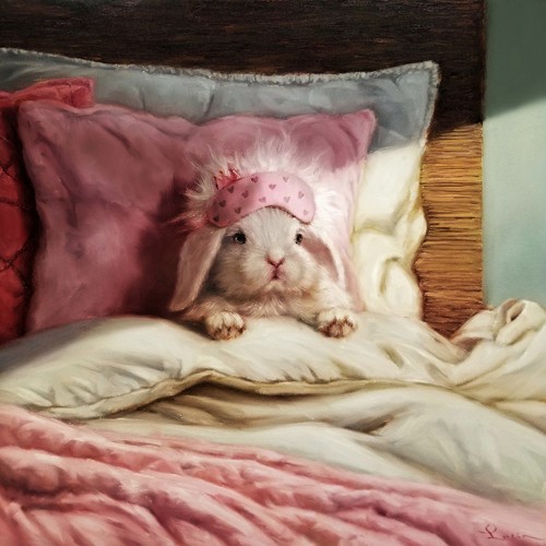 Lucia Heffernan, Bad Hare (Häschen, Kaninchen, krank, Bett, Bad Hair, Spaß, Grafik,  Antropomorphismus, Wunschgröße, witzig, lustig, komisch, Wohnzimmer, Treppenhaus,  bunt,Comic)