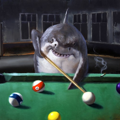 Lucia Heffernan, Pool Shark (Hai, Zigarette, Rauchen, Pool-billard, Spiel, Spaß, Grafik,  Antropomorphismus, Wunschgröße, witzig, lustig, komisch, Wohnzimmer, Treppenhaus,  bunt,Comic)