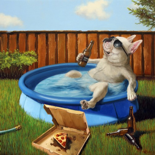 Lucia Heffernan, When Human is Away (Pool, Swimming-Pool, Hund, Urlaub, Genießen, Spaß, Grafik,  Antropomorphismus, Wunschgröße, witzig, lustig, komisch, Wohnzimmer, Treppenhaus,  bunt,Comic)