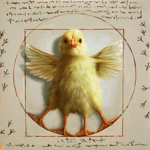 Lucia Heffernan, Vitruvian Chick (Küken, Vitruvianisch, Lonardo da Vinci, Adaption, Spaß, Grafik,  Antropomorphismus, Wunschgröße, witzig, lustig, komisch, Wohnzimmer, Treppenhaus,  bunt,Comic)