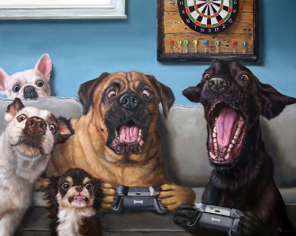Lucia Heffernan, Gamers (Hunde, Couch, Aufregung, Spieler, Computerspiel, Spaß, Grafik,  Antropomorphismus, Wunschgröße, witzig, lustig, komisch, Wohnzimmer, Treppenhaus, bunt,Comic)
