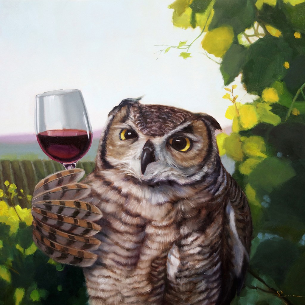 Lucia Heffernan, The Connoisseur (Eule, Vogel, Weinglas, Genießen, Rotwein,  Spaß, Grafik,  Antropomorphismus, Wunschgröße, witzig, lustig, komisch, Wohnzimmer, Esszimmer, Treppenhaus, bunt,Comic)